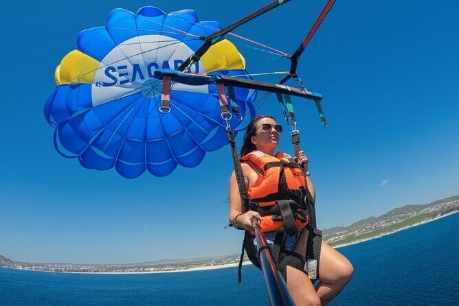 Los Cabos Parasailing Adventure Skybound over Cabo San Lucas Bay - The flight: safety vest, crew support, and the views you paid for