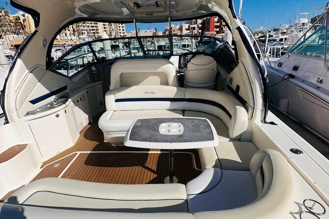 Luxury Yacht Tour in Los Cabos 45FT SeaRay Sundancer - Stop 2: Playa de los Amantes for calmer water and easy snorkeling